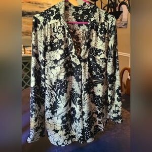 Ann Taylor Camp Shirt Ink Blue White Floral L Blouse